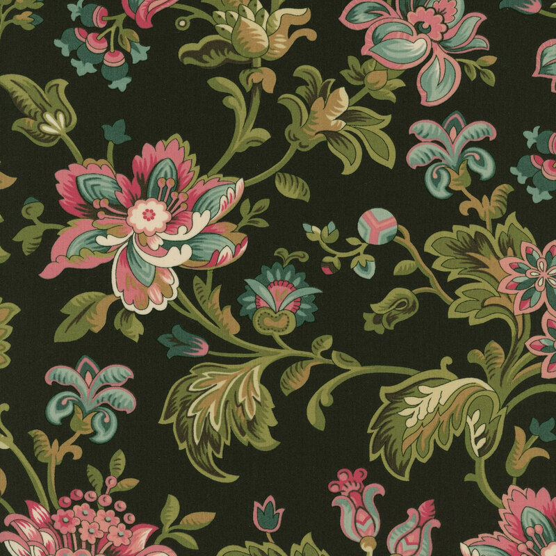 A swatch of black fabric with a vintage floral print in blue, pink, and green.