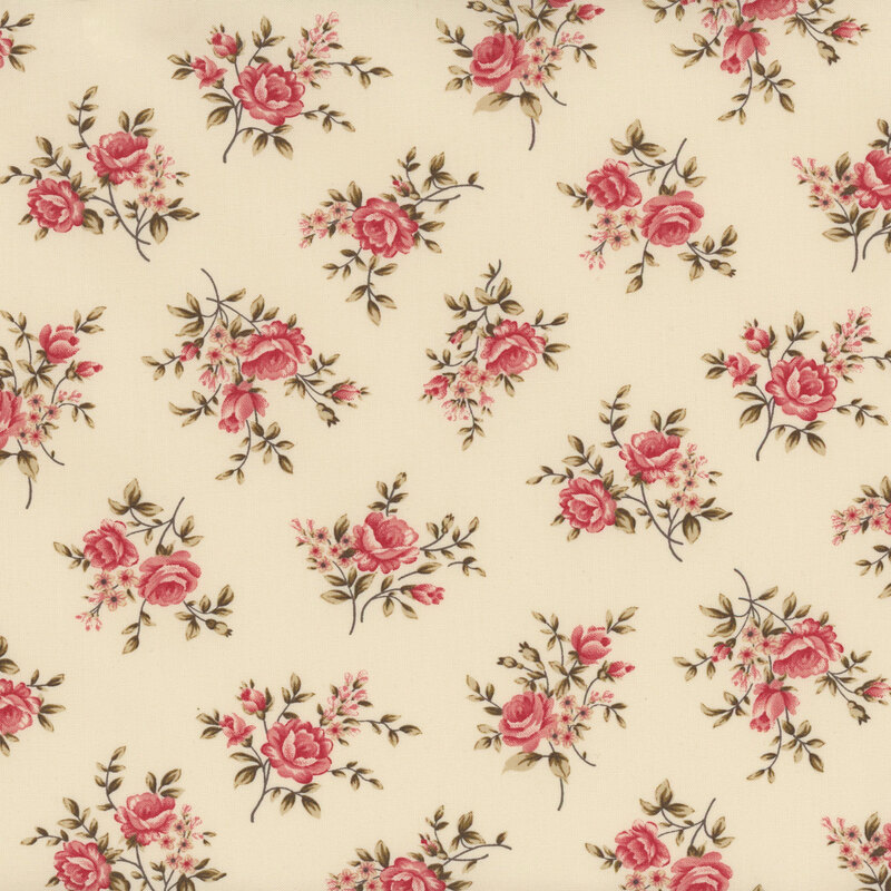 A swatch of cream fabric with tossed bouquets of pink roses and leaves.