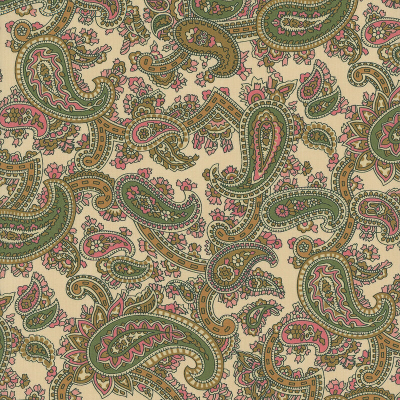 Cream fabric with green, pink, and bronze paisleys all over