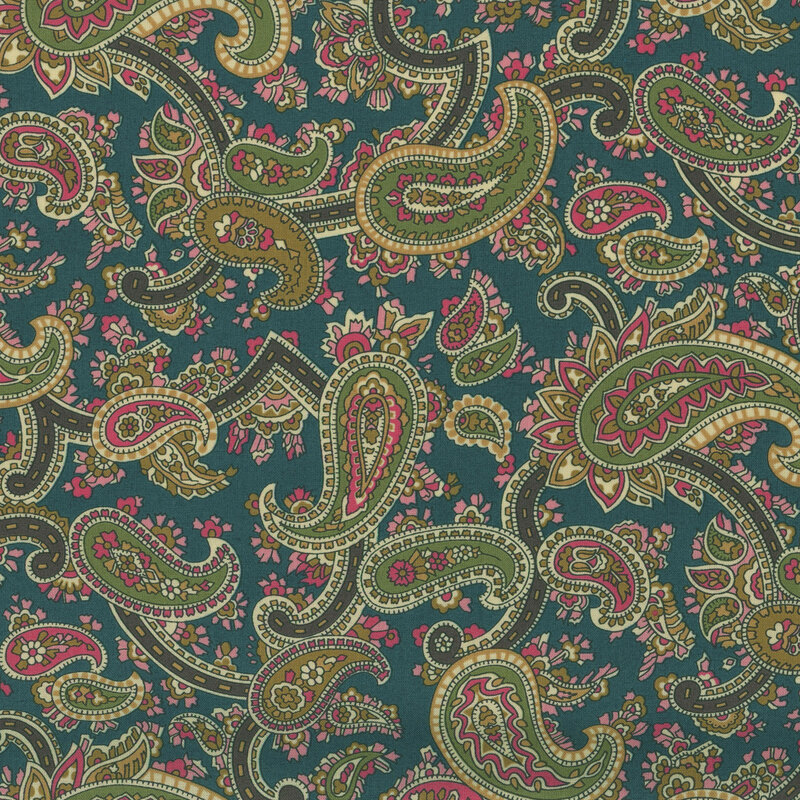 Dark blue fabric covered in colorful green and pink paisleys