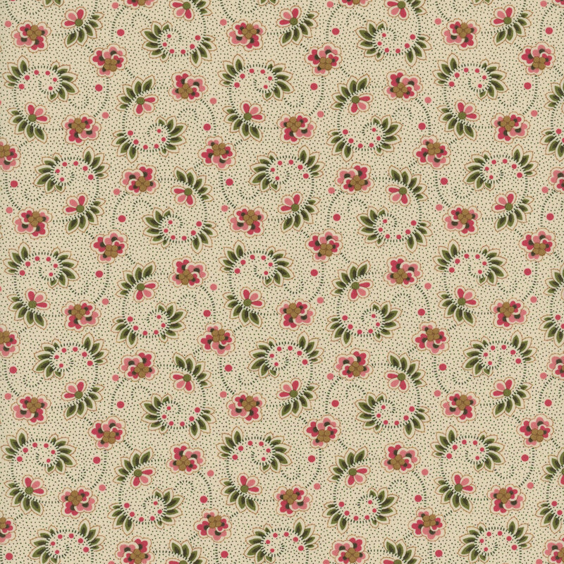 Cream fabric with swirling dotted vines, red flowers, and green fanned leaves