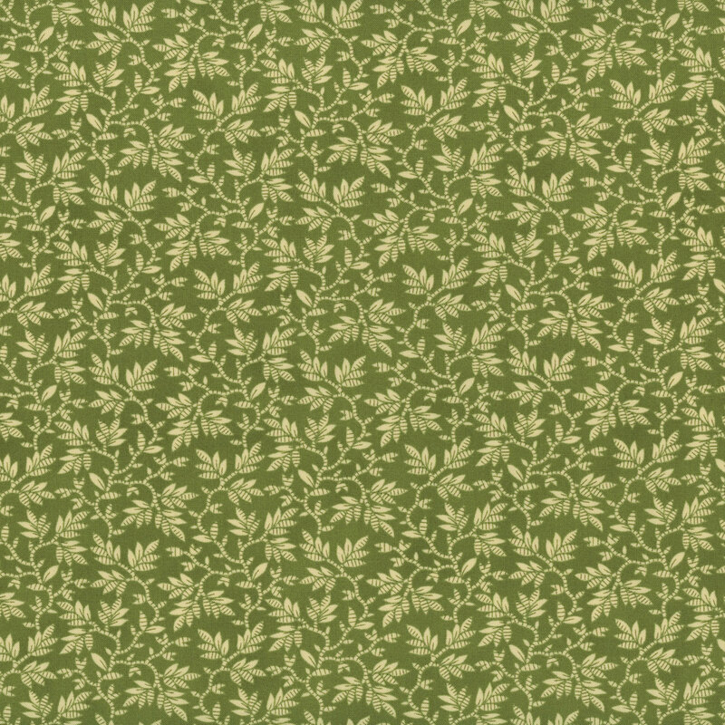 Green fabric covered in light green leaves and vines