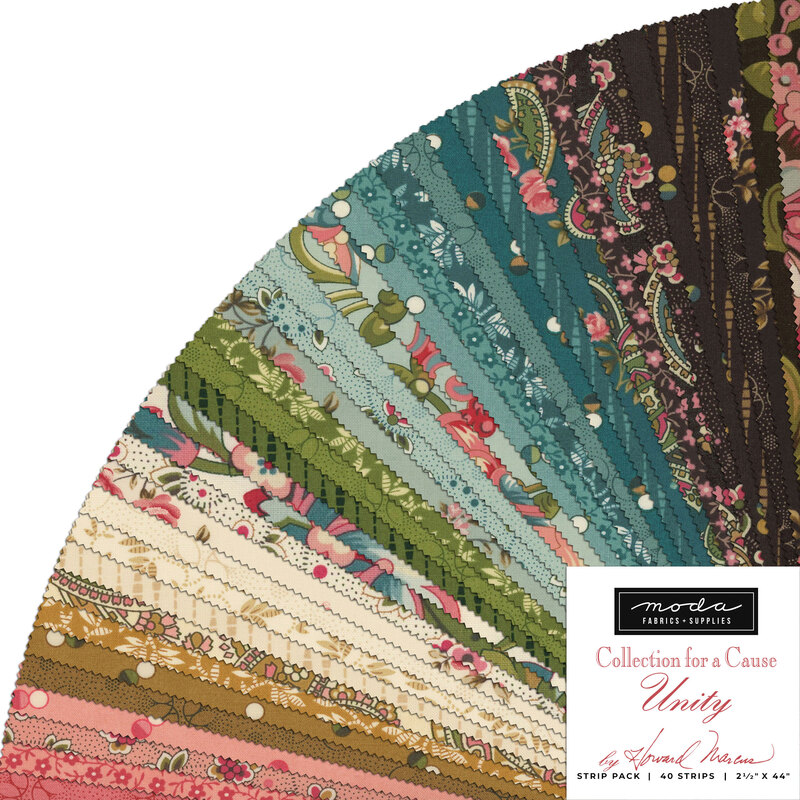 A circular arrangement of various fabric swatches in colorful patterns, including floral and decorative designs. In the bottom right corner, there is a label that reads Moda Fabrics - Collection for a Cause - Unity along with details about the fabric pack.