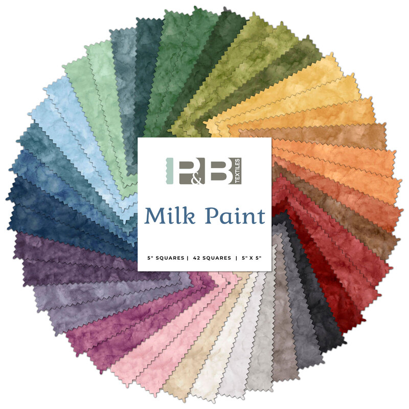 Collage of fabrics in the Milk Paint charm pack featuring mottled prints in various colors