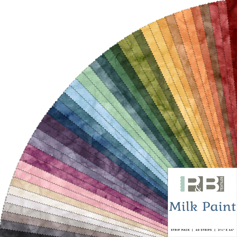Collage of fabrics in the Milk Paint jelly roll featuring mottled prints in various colors