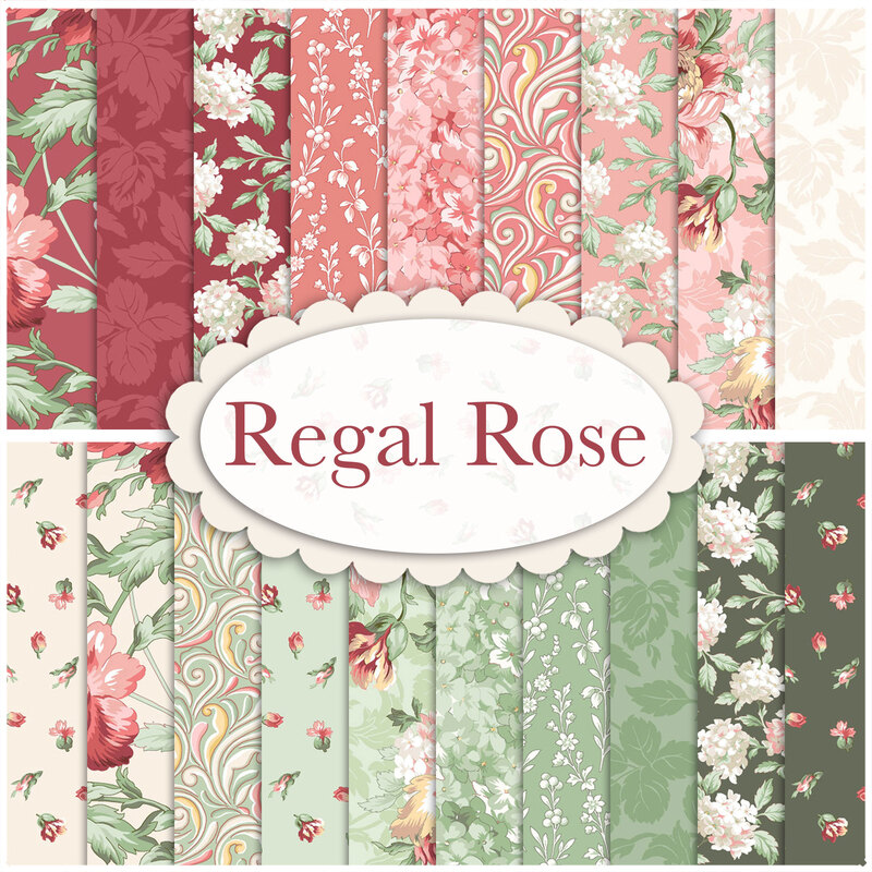 A collage of fabrics in shades of red, white, and green, available in the Regal Rose fabric collection.