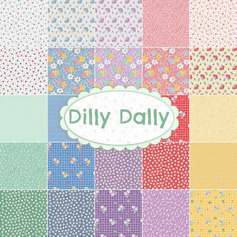 A collage of the fabrics included in the Dilly Dally fabric collection.