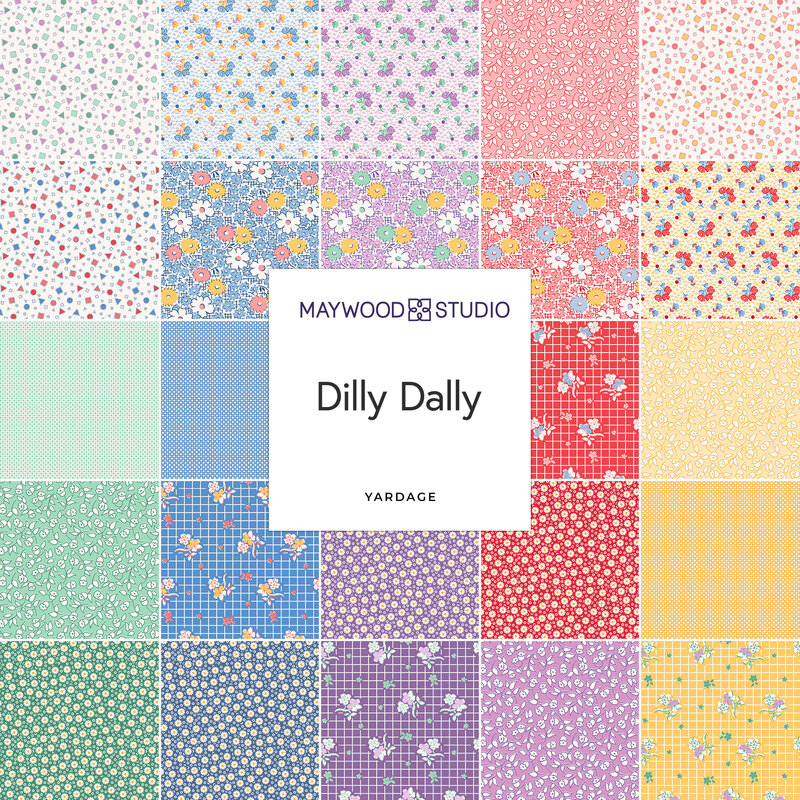 A collage of the fabrics included in the Dilly Dally fabric collection.