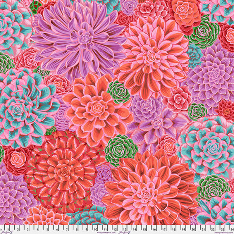 Colorful fabric with packed red, purple, aqua, green, and pink florals