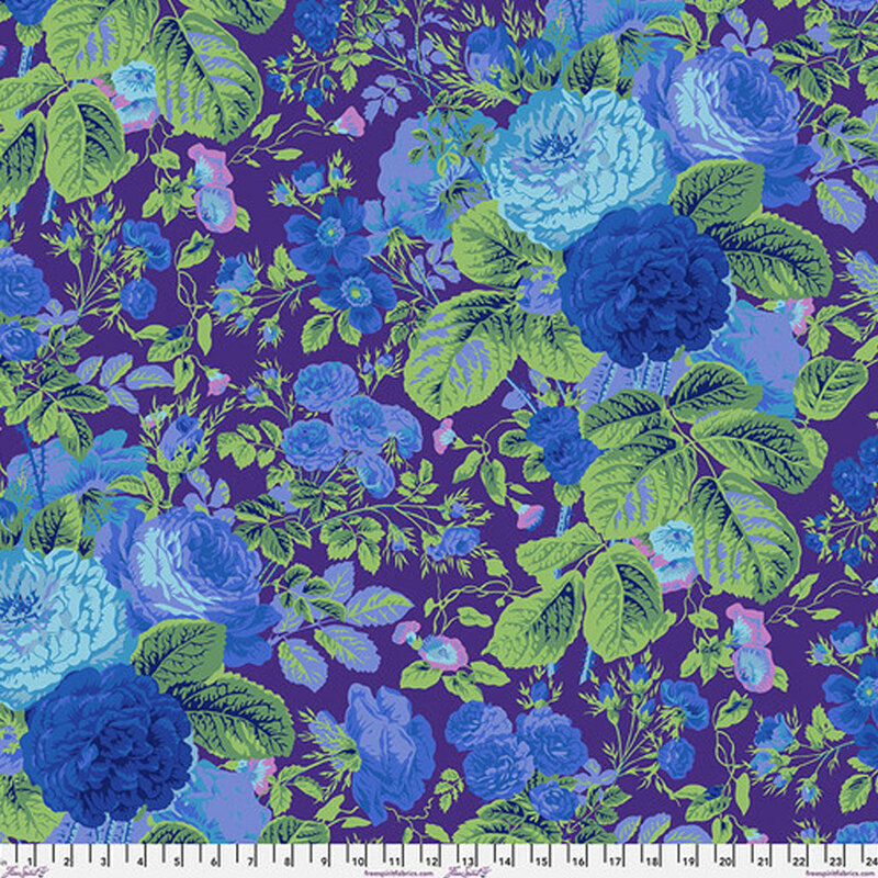 Deep purple fabric with bouquets of large navy, light blue, and aqua roses with bright green leaves and vines