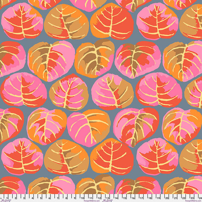 Teal fabric with large, vibrant, pastel pink and red leaves throughout