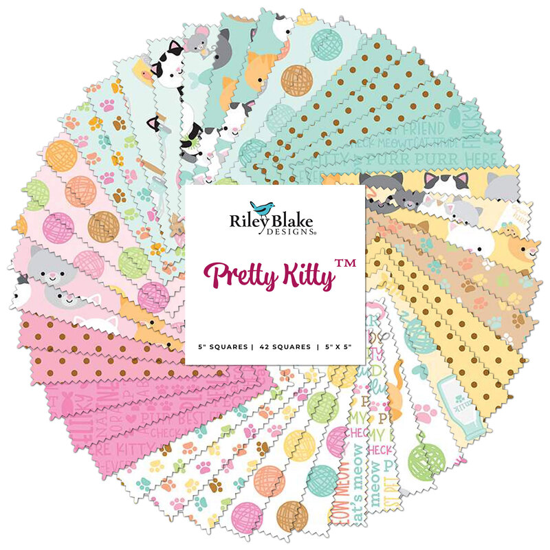 A spiraled collage of pink, aqua, yellow, and white fabrics with children's themed fabrics featuring cats, polka dots, and other fun designs