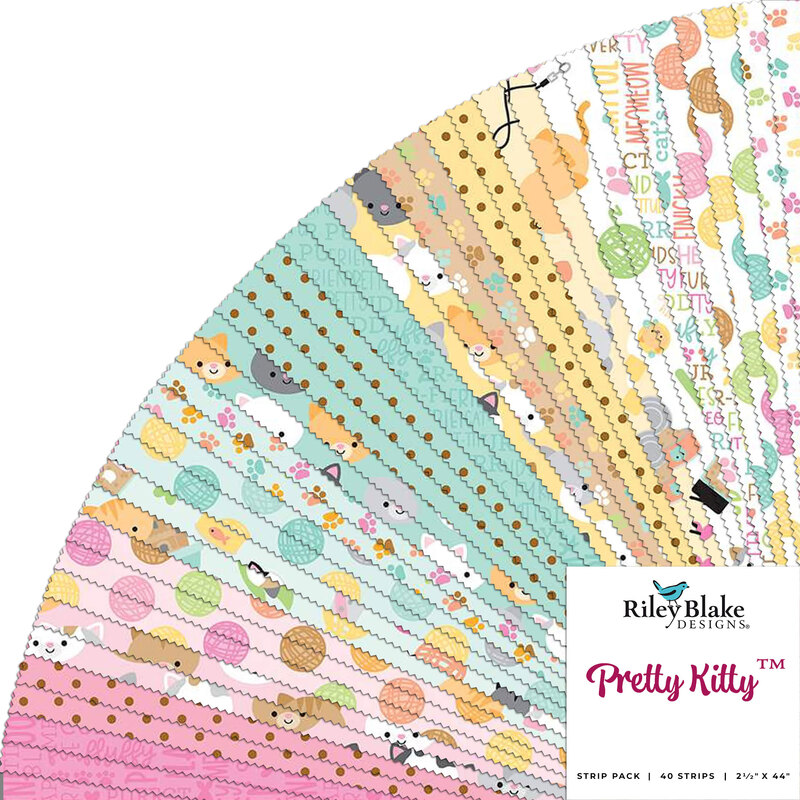 A fanned collage of pink, aqua, yellow, and white fabrics in the Pretty Kitty Rolie Polie precut