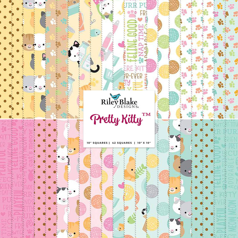 A stacked collage of yellow, white, pink, and aqua fabrics in the Pretty Kitty 10