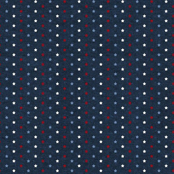 Navy blue fabric with an patriotically colored star pattern