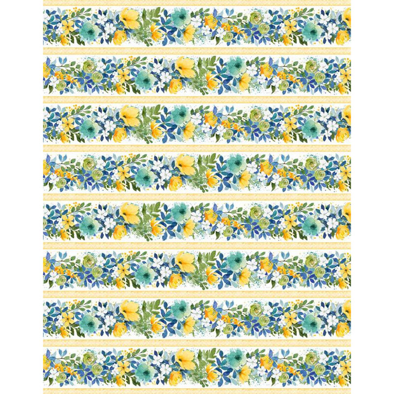 White border stripe fabric with rows of floral bouquets and yellow stripes between