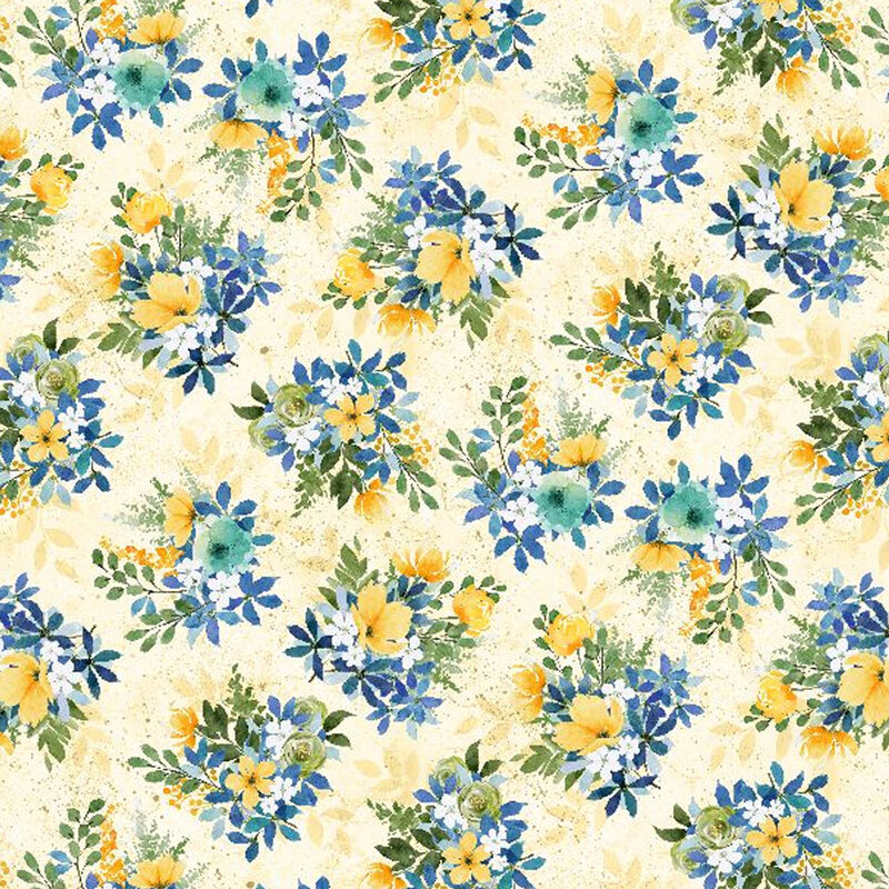 Light yellow fabric with evenly spaced bouquets of yellow, blue, teal, and white florals