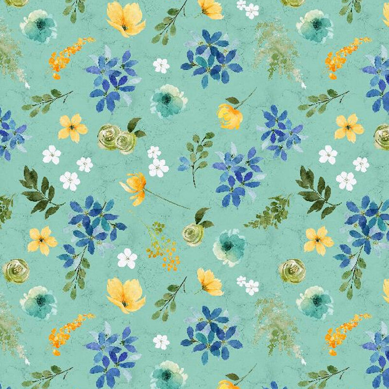 Teal fabric with tossed blue and green sprigs, and yellow, white, and teal flowers