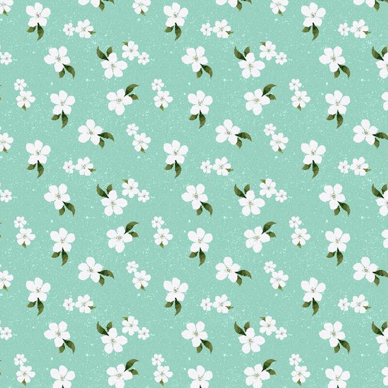 Light teal fabric with tossed white flowers throughout