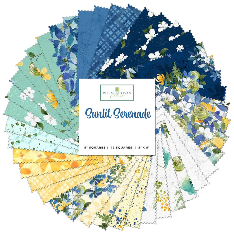 A spiraled collage of blue, white, yellow, and teal summertime floral fabrics