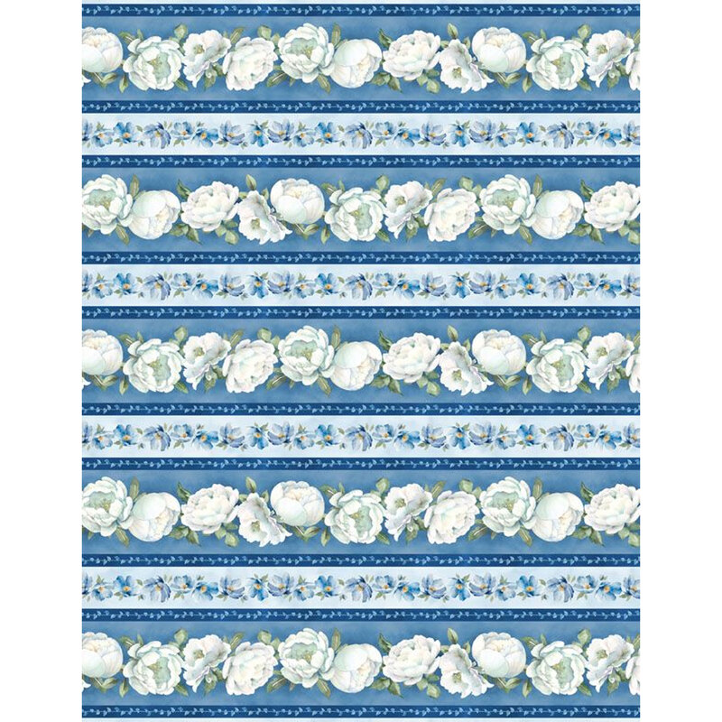 Blue border stripe fabric featuring large white florals