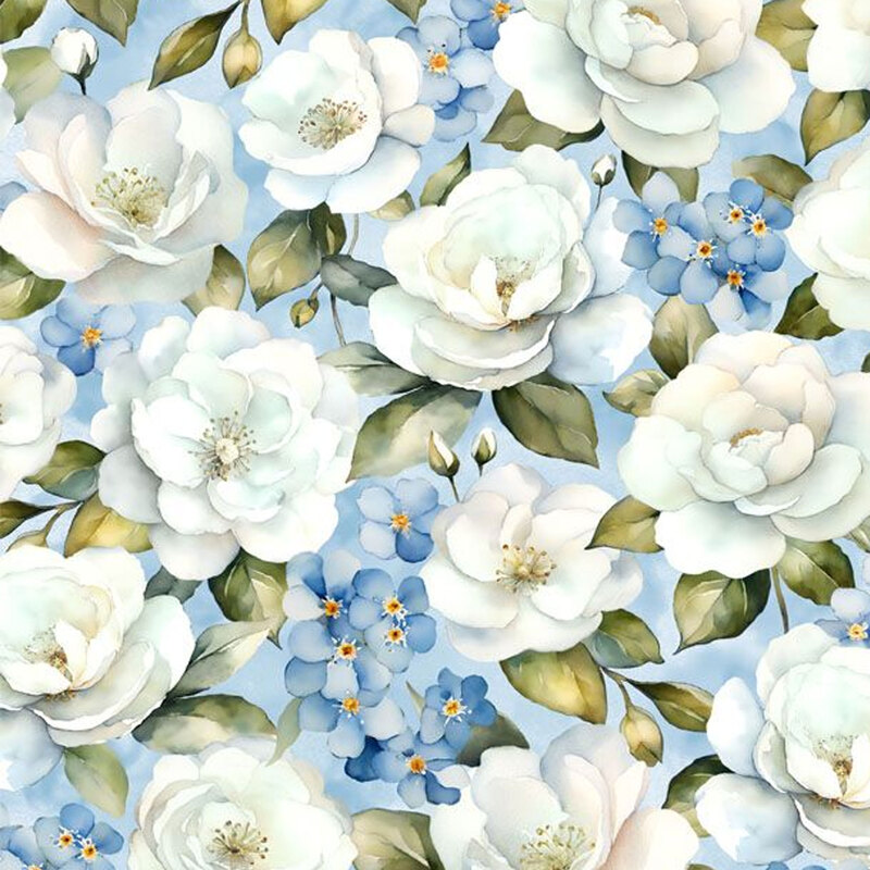 Light blue fabric featuring large white florals all over