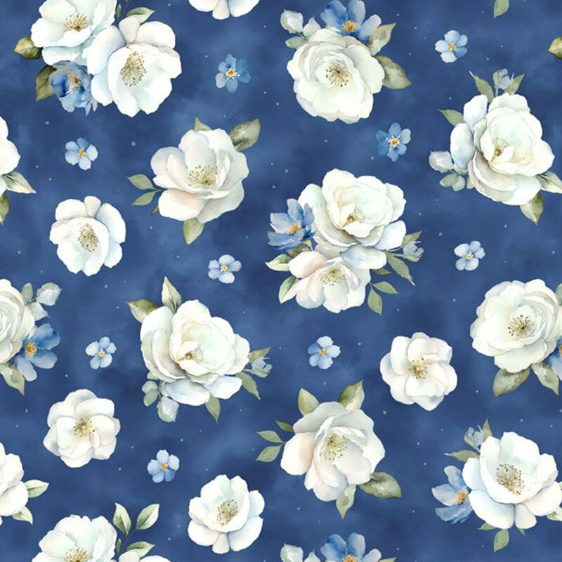 Dark blue mottled fabric tossed with large white florals and small blue ones