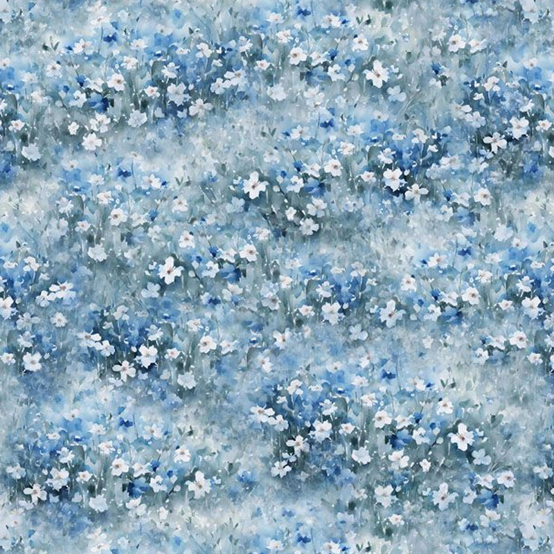 Blue fabric featuring a paint like appearance of a field with small blue and white florals