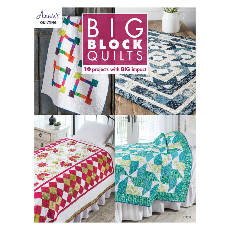 The front of the Big Block Quilts book showing four of the completed quilts displayed on beds, hung on a ladder, and on a table.