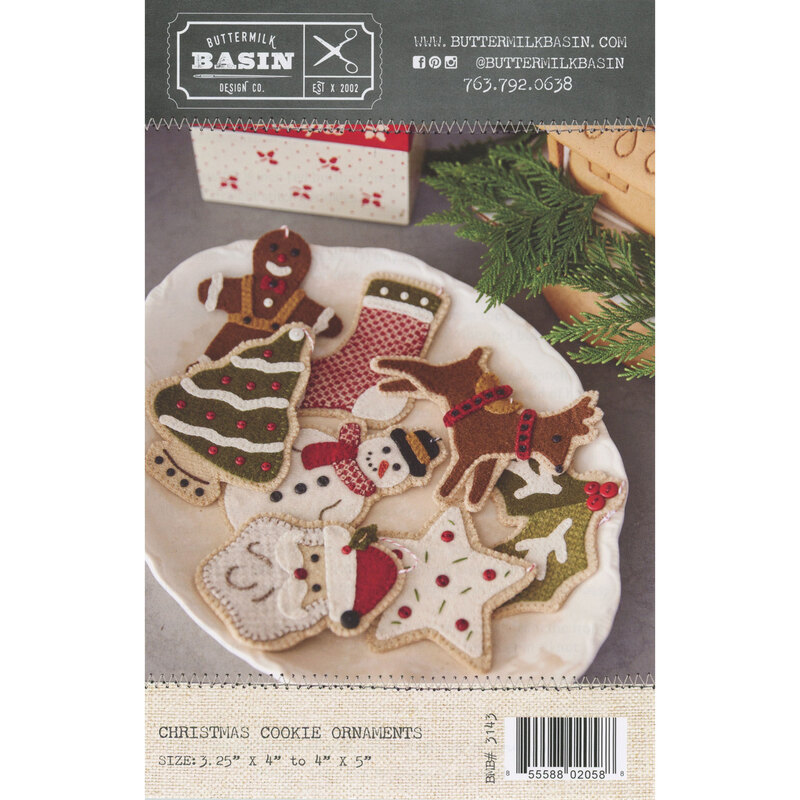 Front of the Christmas Cookie Ornament pattern featuring 8 wool ornaments displayed on a white platter