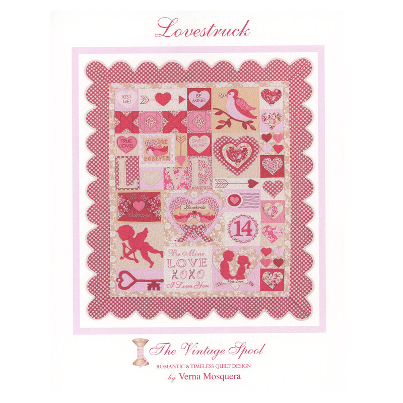 Front cover of the Lovestruck pattern, showing the completed quilt in pink, red, cream, and white.