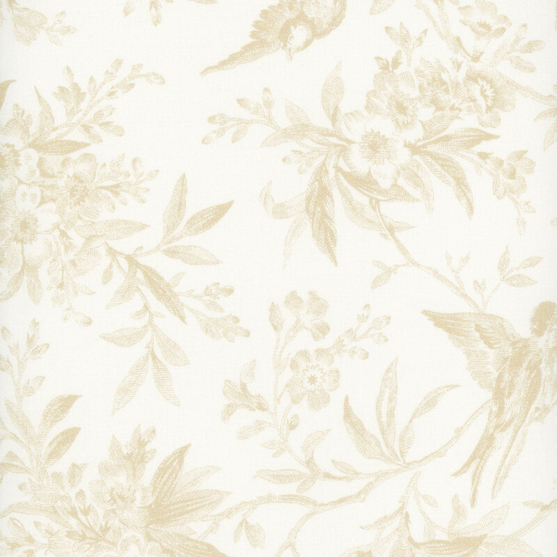 Cream fabric with tan textured birds and flowering branches.