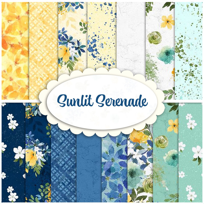 A stacked collage of yellow, white, blue, and teal summertime floral fabrics