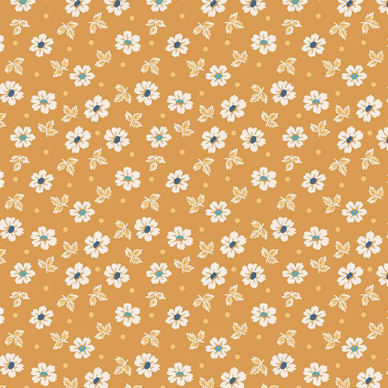 Caramel brown fabric featuring small white flowers, beige sprigs, and light tan polka dots throughout