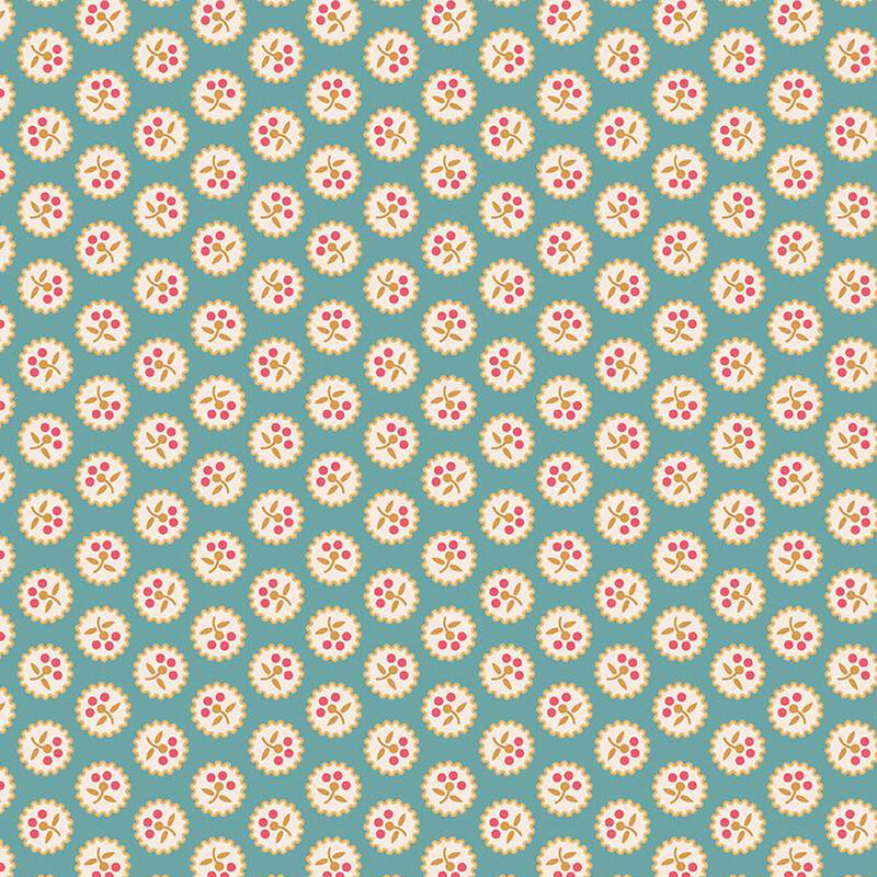 Teal fabric with small beige squiggled polka dots with little red florals in the center of each