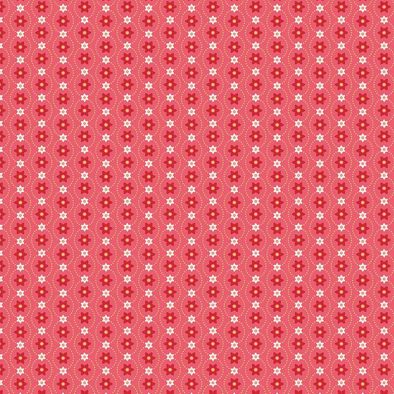 Pink fabric with stripes made of small red and white alternating flowers