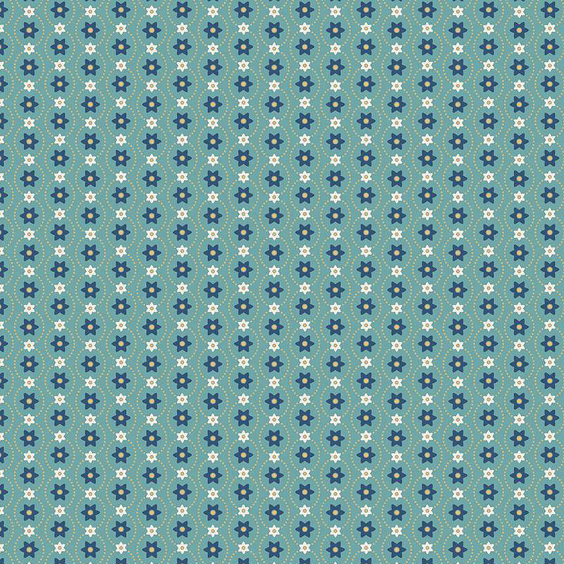 Teal fabric with stripes made of small blue and white alternating flowers