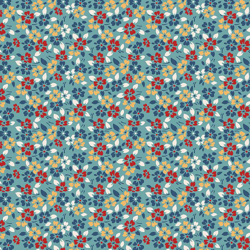 Teal fabric covered in small red, yellow, and blue flowers with little white leaves throughout