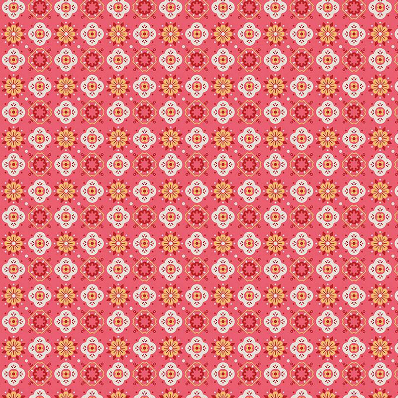 Pink fabric featuring alternating geometric floral shapes in white, red, and yellow