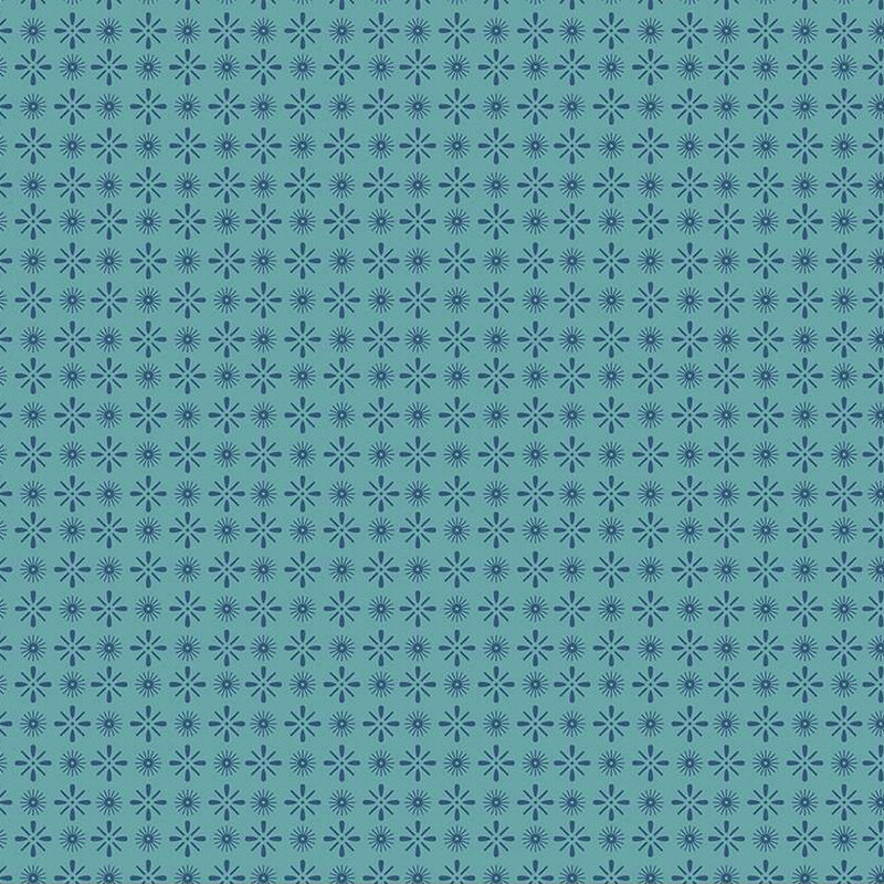 Teal fabric with dark navy blue alternating circular and diamond shaped starbursts