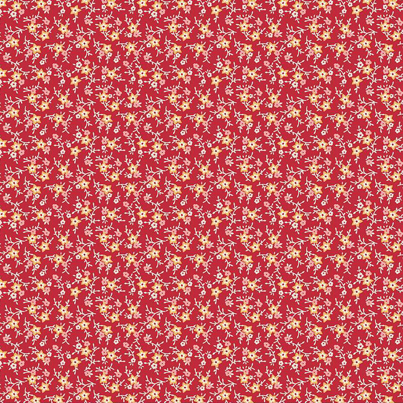 Barn red fabric with clusters of little yellow and pink flowers with white leaves and vines