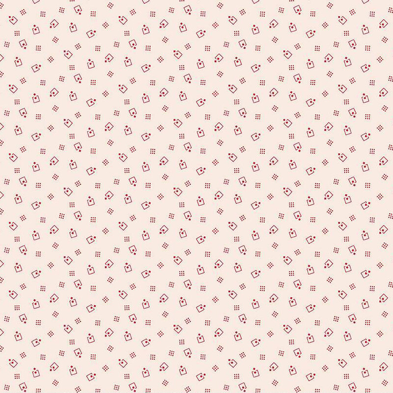 Beige fabric with a ditsy pattern made of small, red, geometric shapes