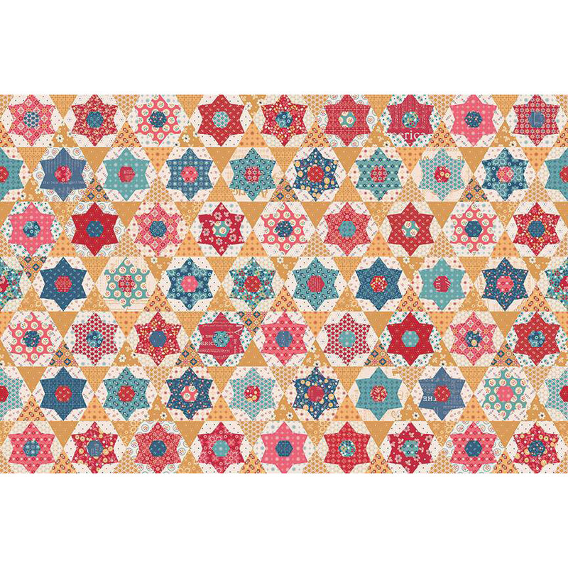 Patchwork style fabric with star and geometric shapes created with various colors and designs