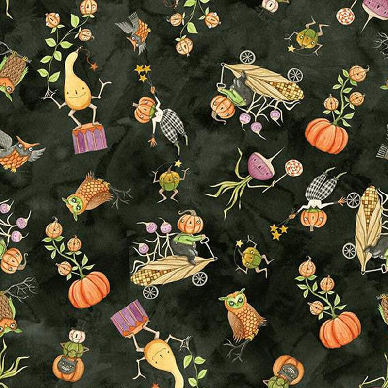 Black mottled fabric with cartoon Halloween characters