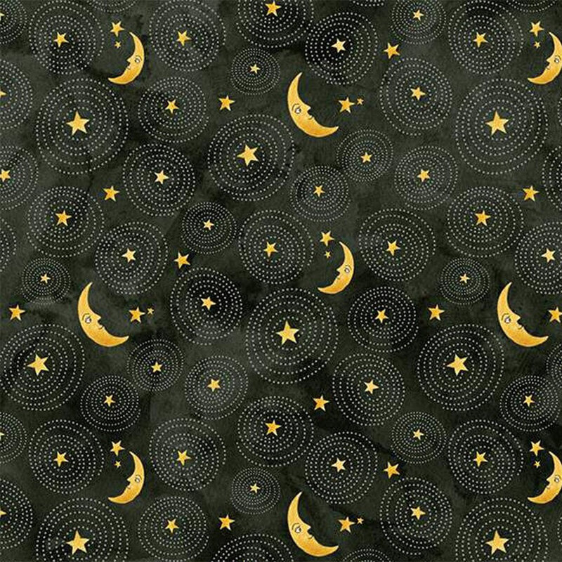 Black mottled fabric with star and cartoon moon pattern