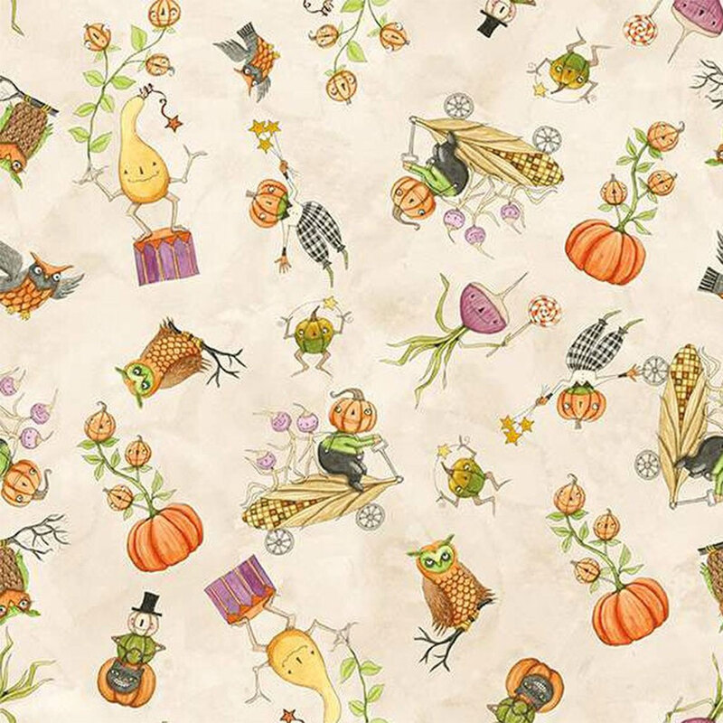 Cream mottled fabric with cartoon halloween characters