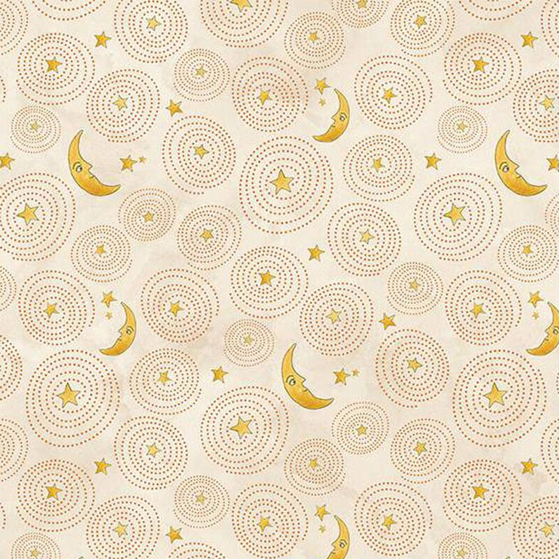 Cream mottled fabric with a star and cartoon moon pattern