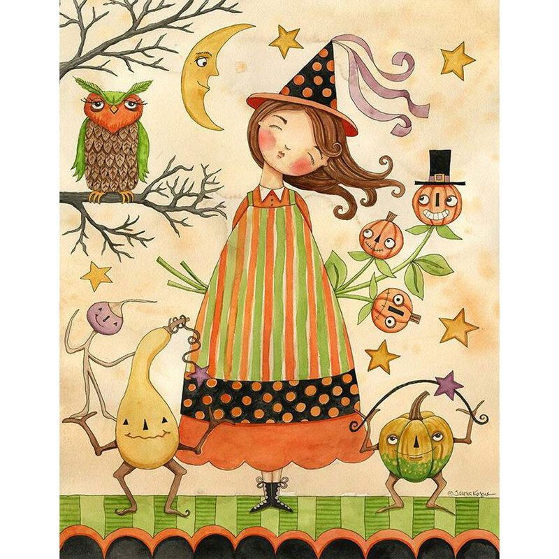 Cream panel with a girl in a orange black and green Halloween outfit with cartoon pumpkins and other October motifs