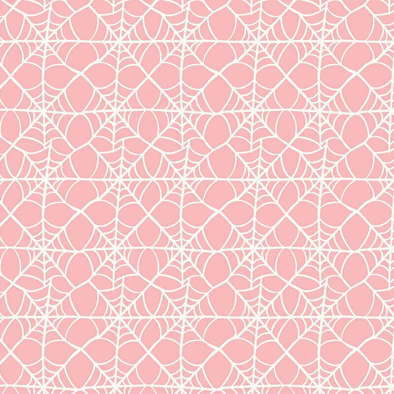 Pink fabric with a grid of interconnected spiderwebs.