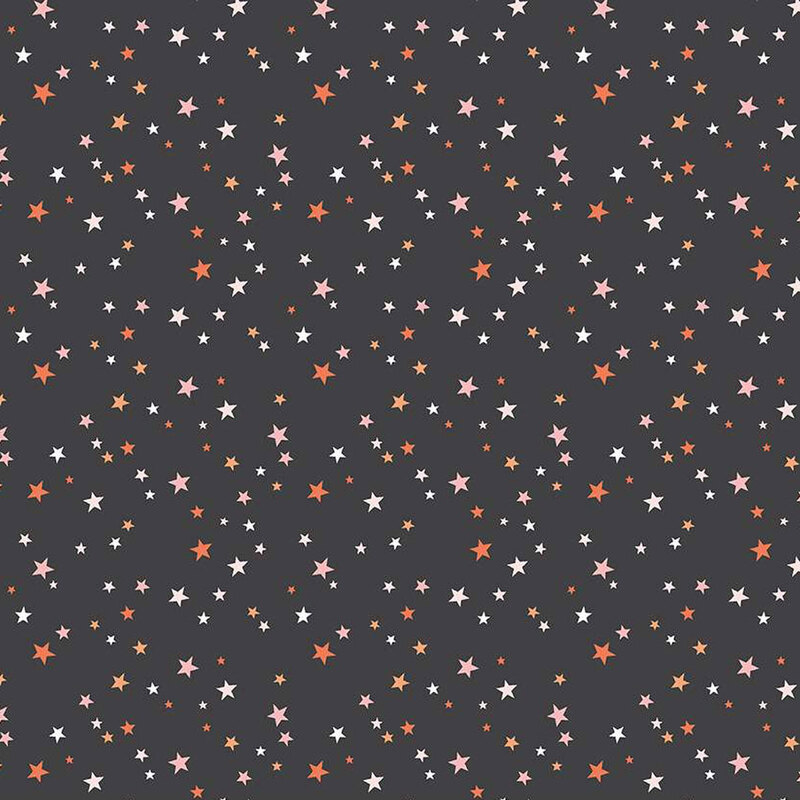 Black fabric with scattered stars in Halloween colors and pink.